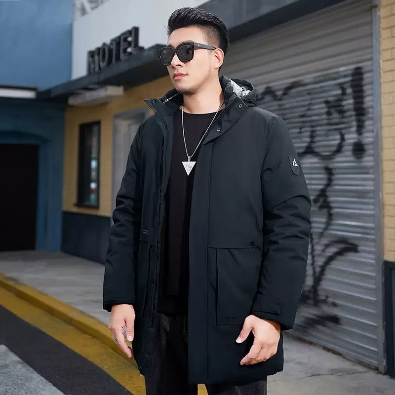 Men’s Thickened Mid-Length Winter Jacket – Hooded Plus Size Coat