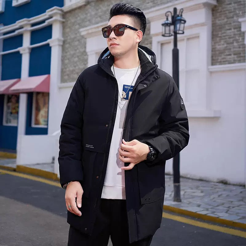 Men’s Thickened Mid-Length Winter Jacket – Hooded Plus Size Coat
