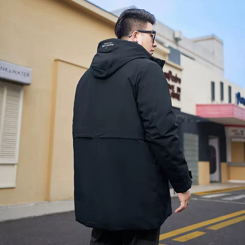 Men’s Thickened Mid-Length Winter Jacket – Hooded Plus Size Coat
