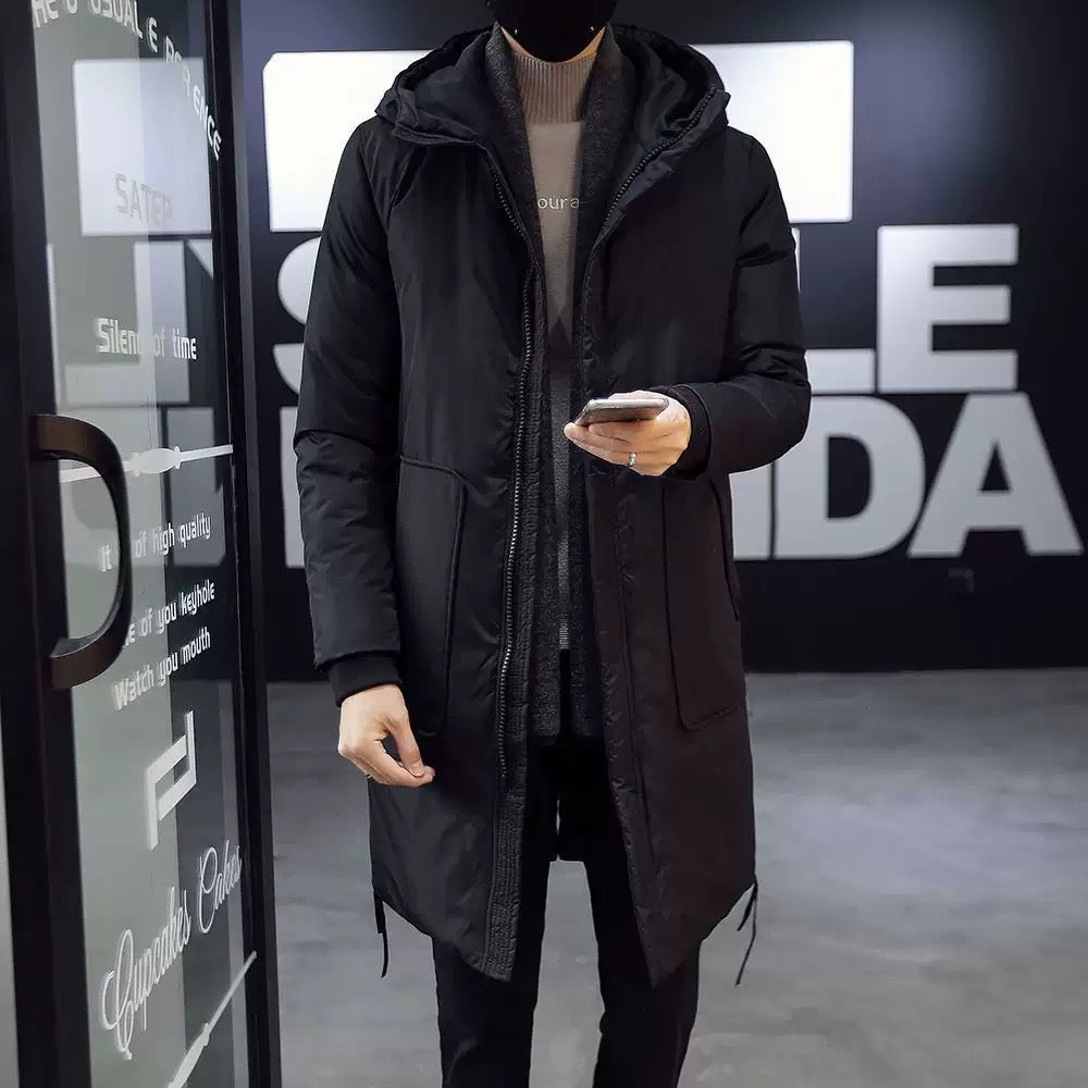 Men’s Mid-Length Hooded Winter Jacket – Thickened Fleece Casual Coat