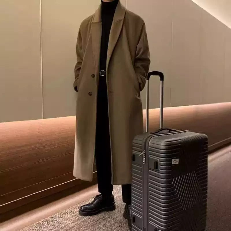 Men’s Mid-Length Wool & Cashmere Coat – Korean Style Double-Layer Winter Overcoat
