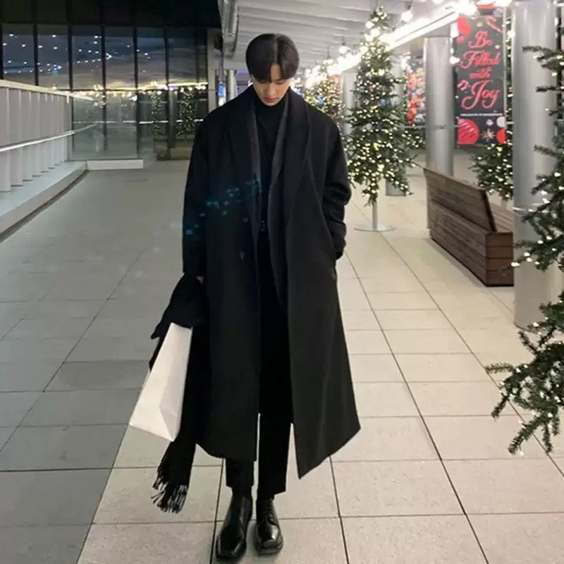Men’s Mid-Length Wool & Cashmere Coat – Korean Style Double-Layer Winter Overcoat