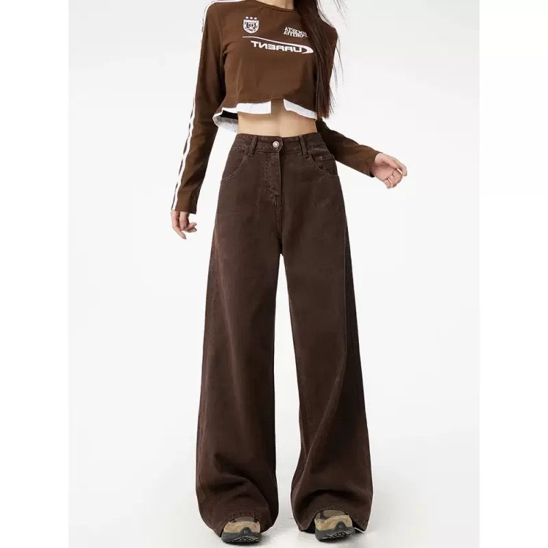 Women’s Brown High-Waist Wide-Leg Jeans – 2025 Spring/Autumn Loose Straight Pants