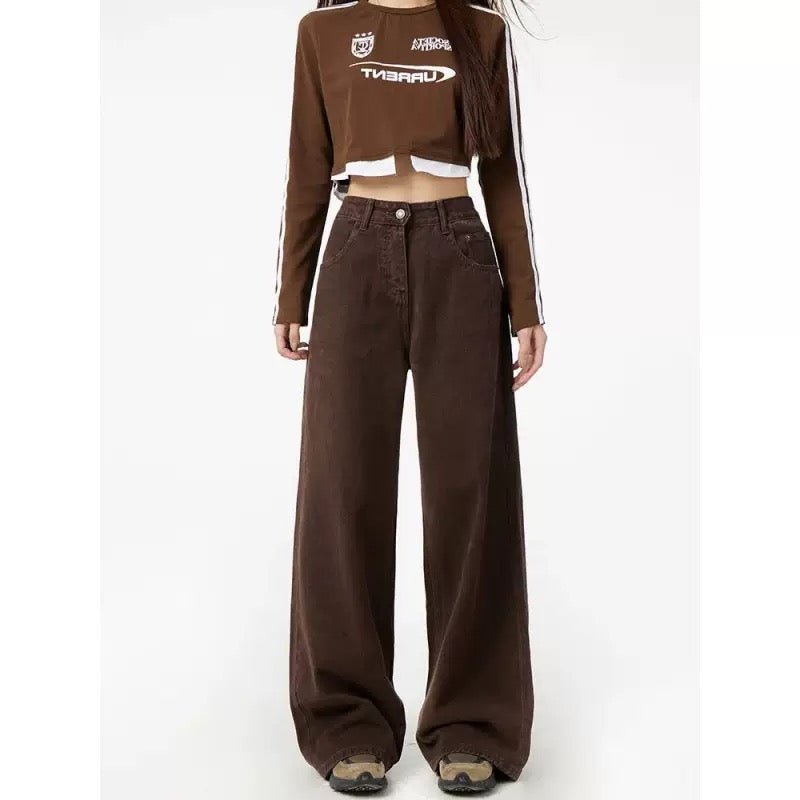 Women’s Brown High-Waist Wide-Leg Jeans – 2025 Spring/Autumn Loose Straight Pants