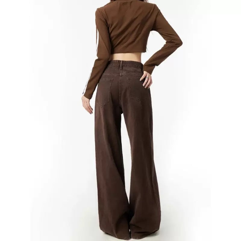 Women’s Brown High-Waist Wide-Leg Jeans – 2025 Spring/Autumn Loose Straight Pants