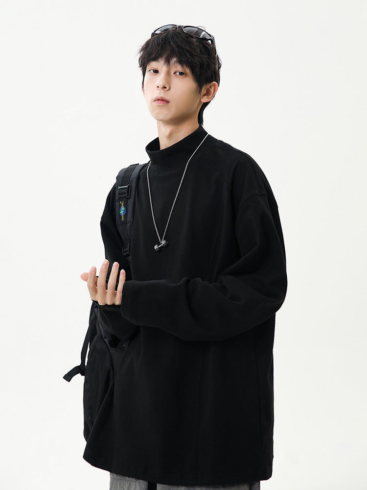 Men’s Grey Fleece Base Shirt | Winter Half-High Collar Long Sleeve Inner Tee | American Style Deconstructed Stitching