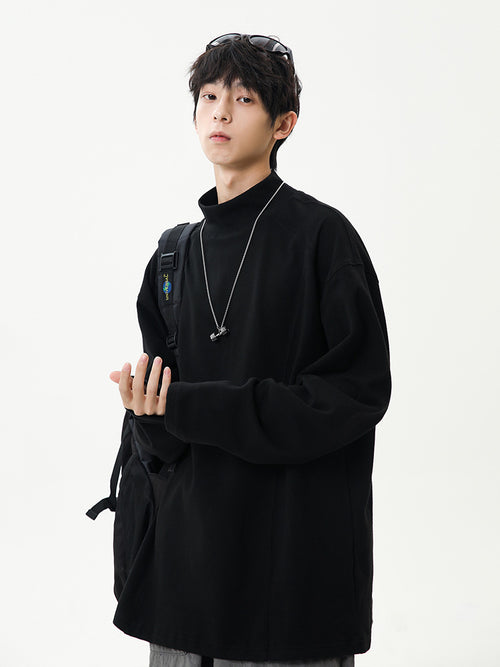 Men’s Grey Fleece Base Shirt | Winter Half-High Collar Long Sleeve Inner Tee | American Style Deconstructed Stitching