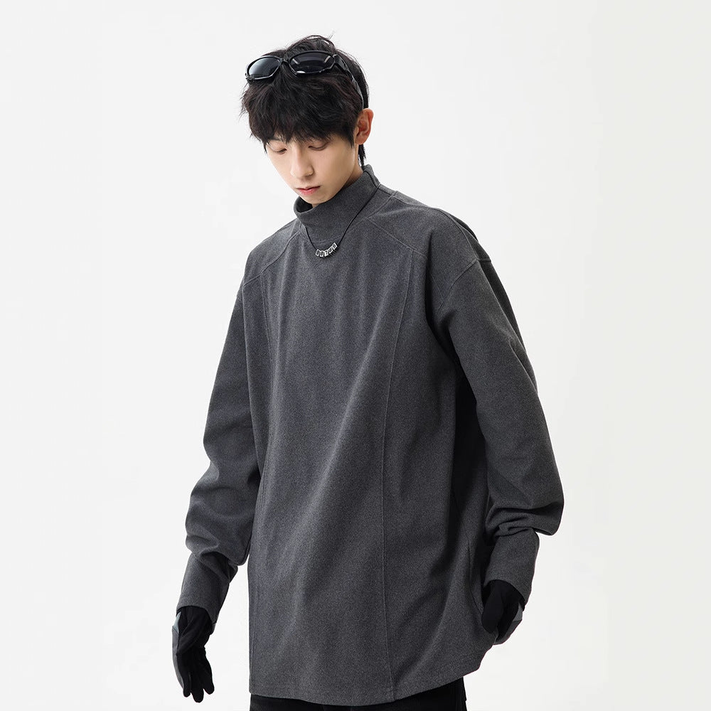 Men’s Grey Fleece Base Shirt | Winter Half-High Collar Long Sleeve Inner Tee | American Style Deconstructed Stitching