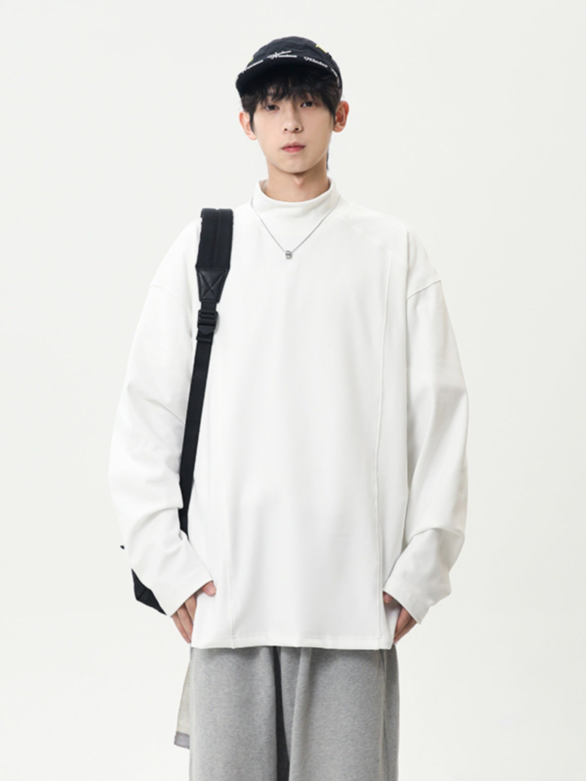 Men’s Grey Fleece Base Shirt | Winter Half-High Collar Long Sleeve Inner Tee | American Style Deconstructed Stitching