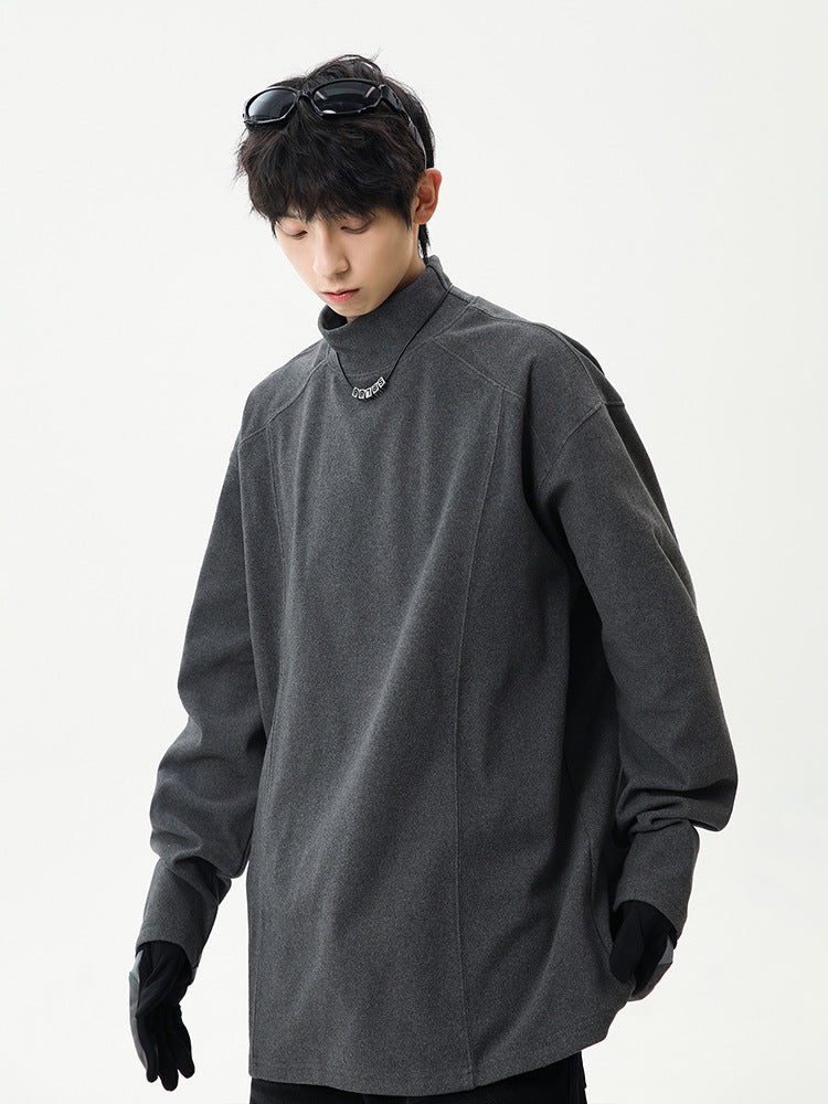 Men’s Grey Fleece Base Shirt | Winter Half-High Collar Long Sleeve Inner Tee | American Style Deconstructed Stitching