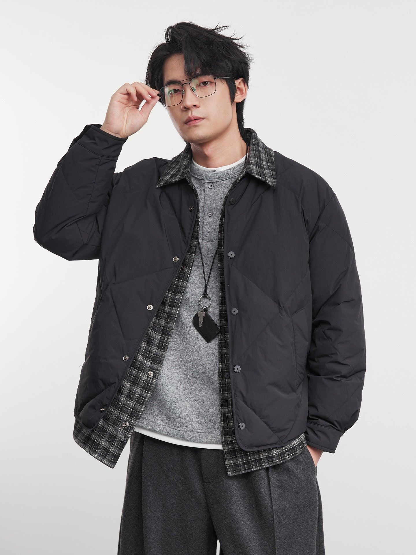 Men’s Plaid Spliced White Duck Down Jacket – Winter Warmth