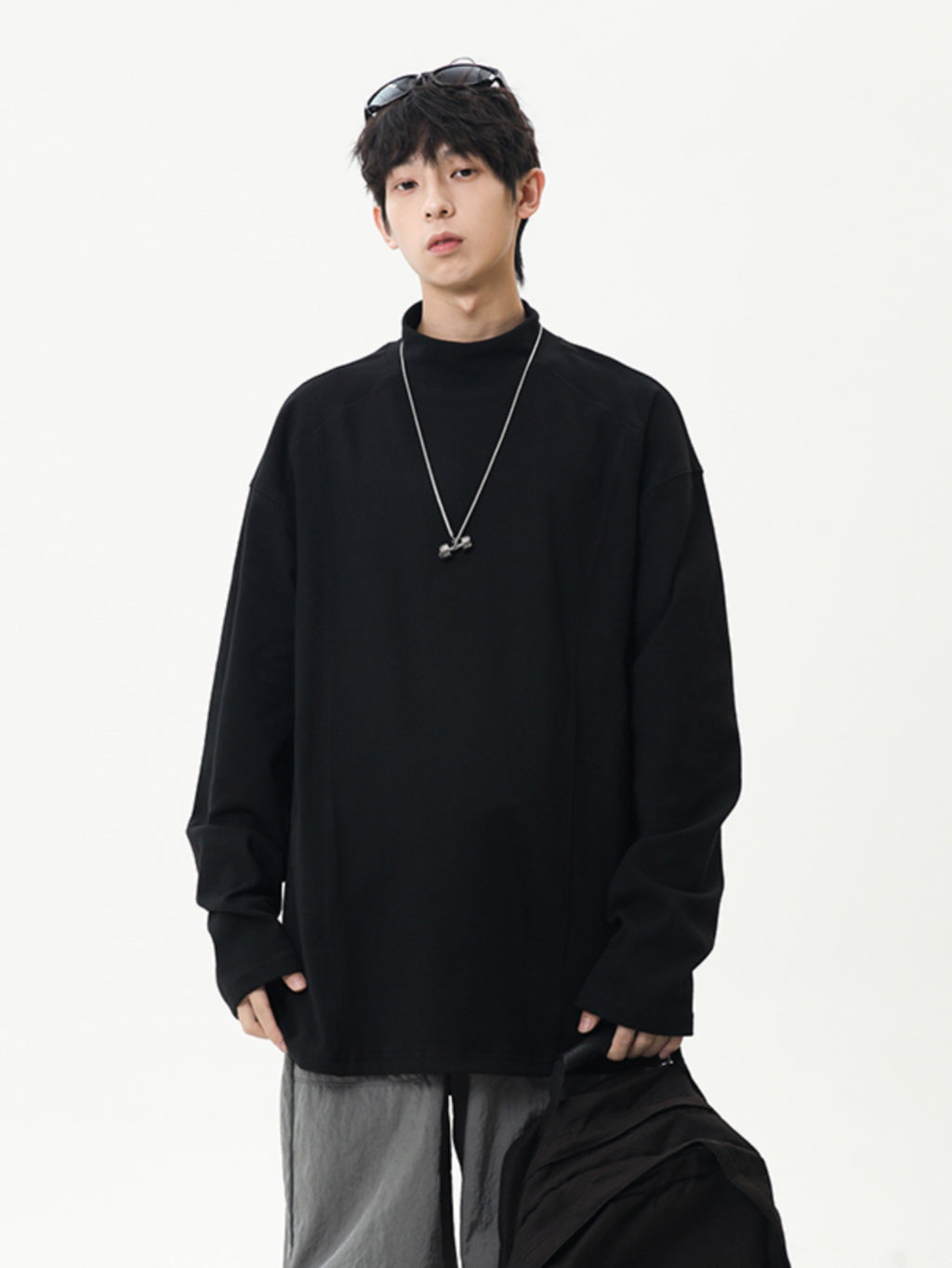 Men’s Grey Fleece Base Shirt | Winter Half-High Collar Long Sleeve Inner Tee | American Style Deconstructed Stitching