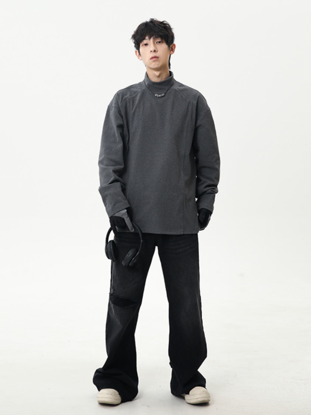 Men’s Grey Fleece Base Shirt | Winter Half-High Collar Long Sleeve Inner Tee | American Style Deconstructed Stitching