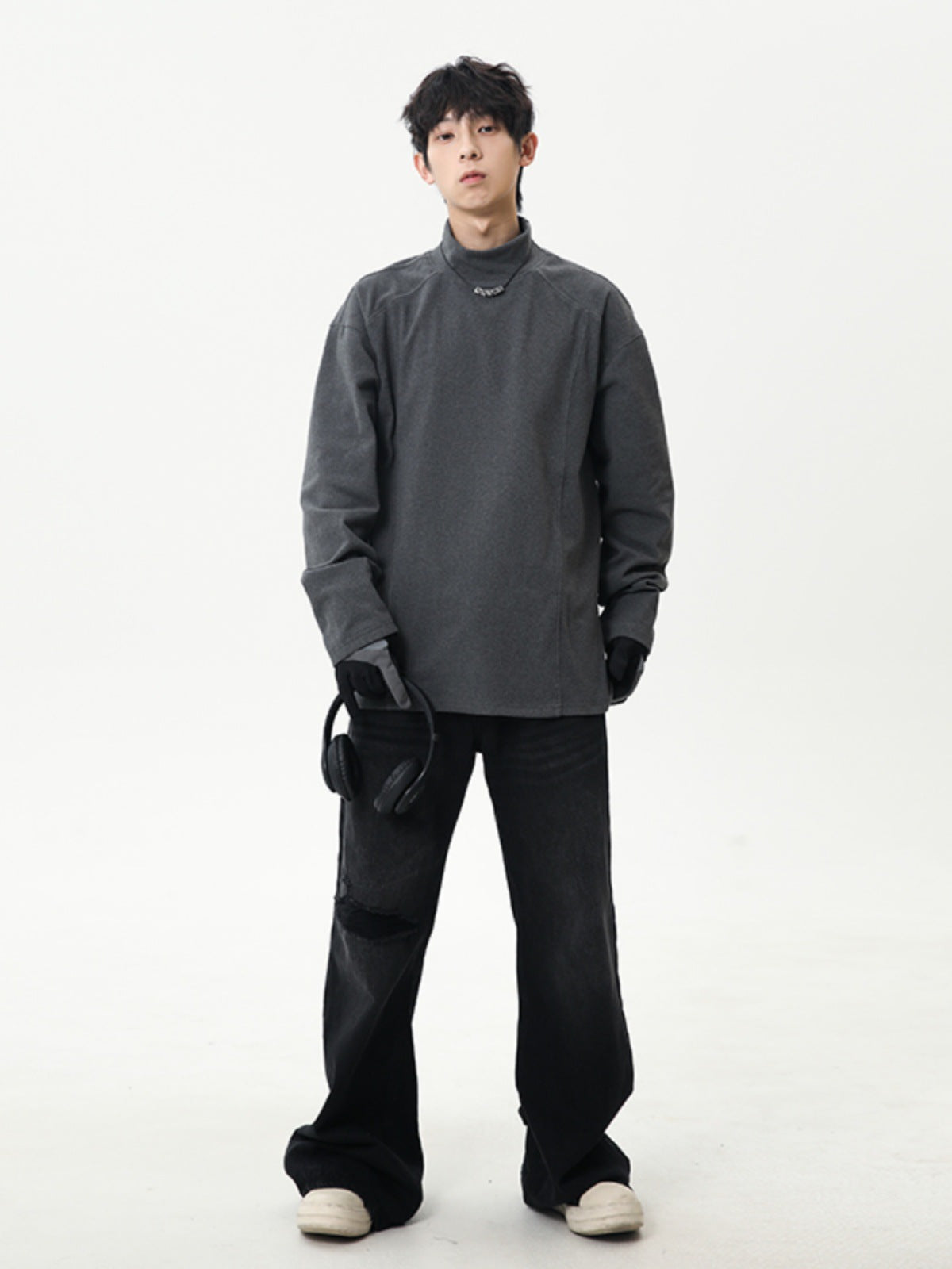 Men’s Grey Fleece Base Shirt | Winter Half-High Collar Long Sleeve Inner Tee | American Style Deconstructed Stitching