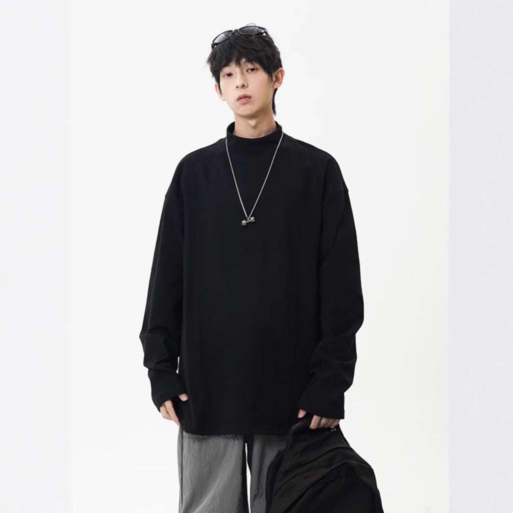 Men’s Grey Fleece Base Shirt | Winter Half-High Collar Long Sleeve Inner Tee | American Style Deconstructed Stitching