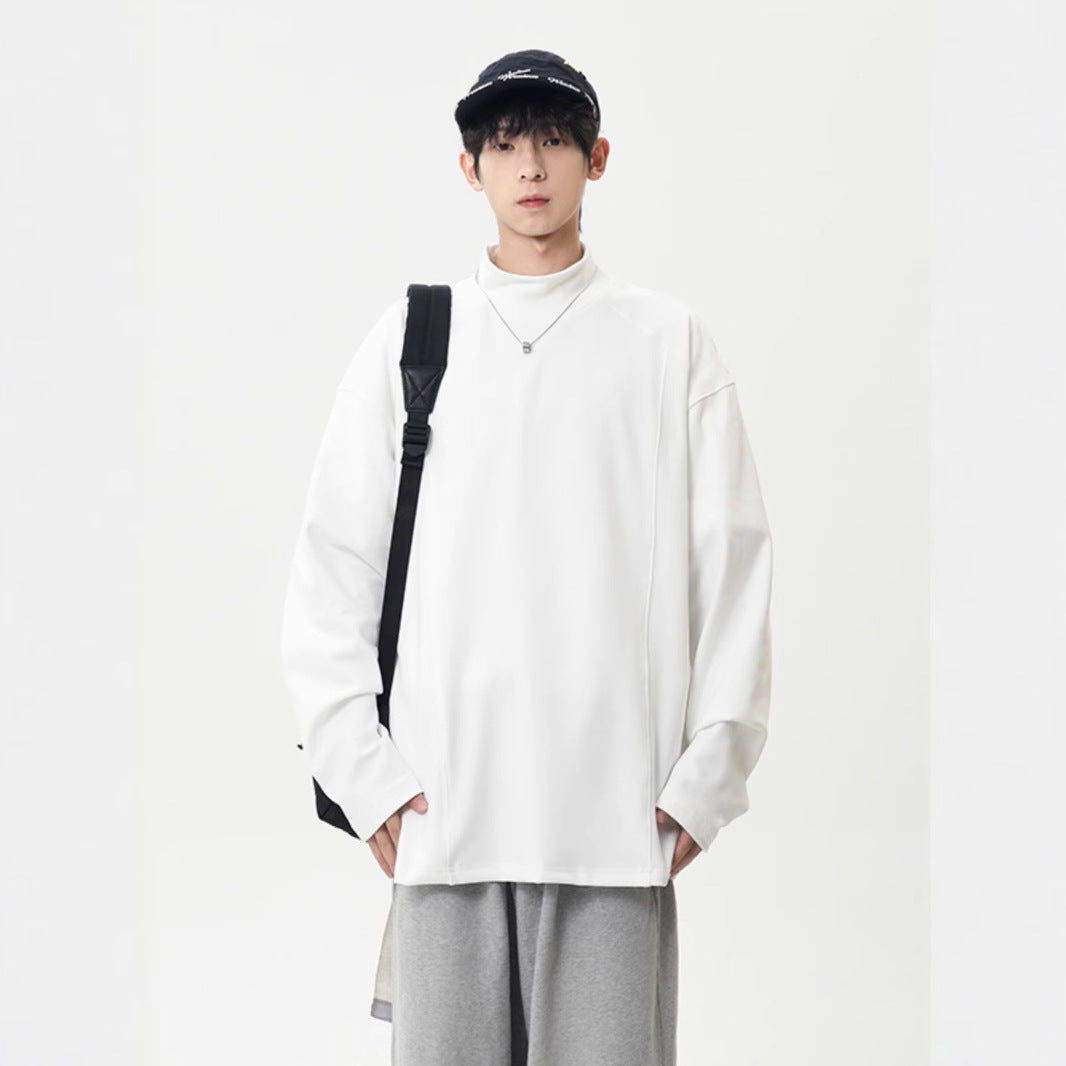 Men’s Grey Fleece Base Shirt | Winter Half-High Collar Long Sleeve Inner Tee | American Style Deconstructed Stitching